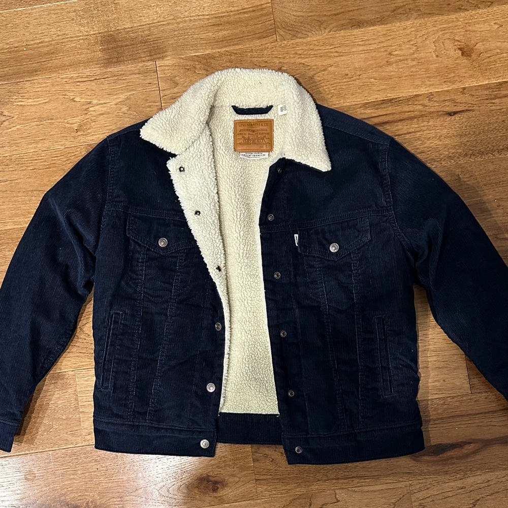 Navy Blue Sherpa-Lined Corduroy Jacket